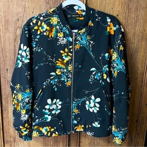 ZARA Trafaluc Coat Women’s S Dark Blue Yellow Floral Bomber Zip Up Boho Jacket